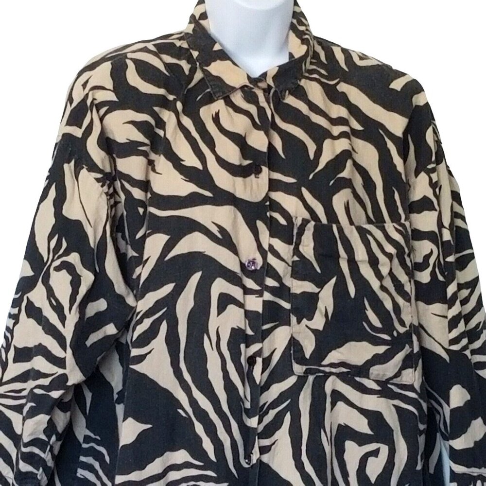 Vtg 80s A Personal Touch Womens Top Plus 20W Zebra Print Button Up Beige Black